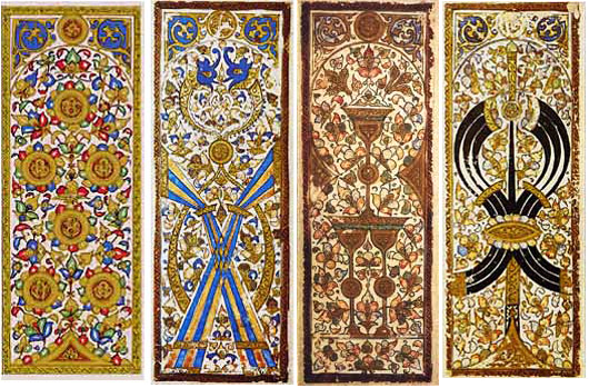 Cards made their way to Egypt by the 12th century. They are intricately patterned with generous use of gold ink.