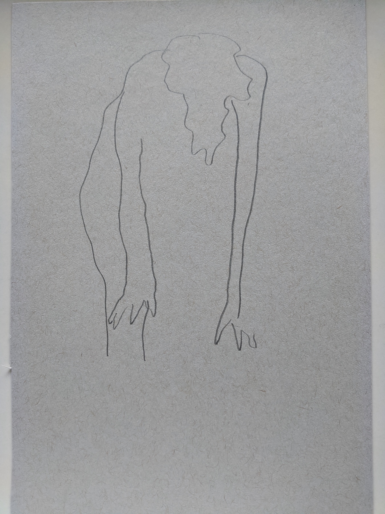 A person is hunched over with long hair. They look like a sea creature. Drawn with gestural lines.