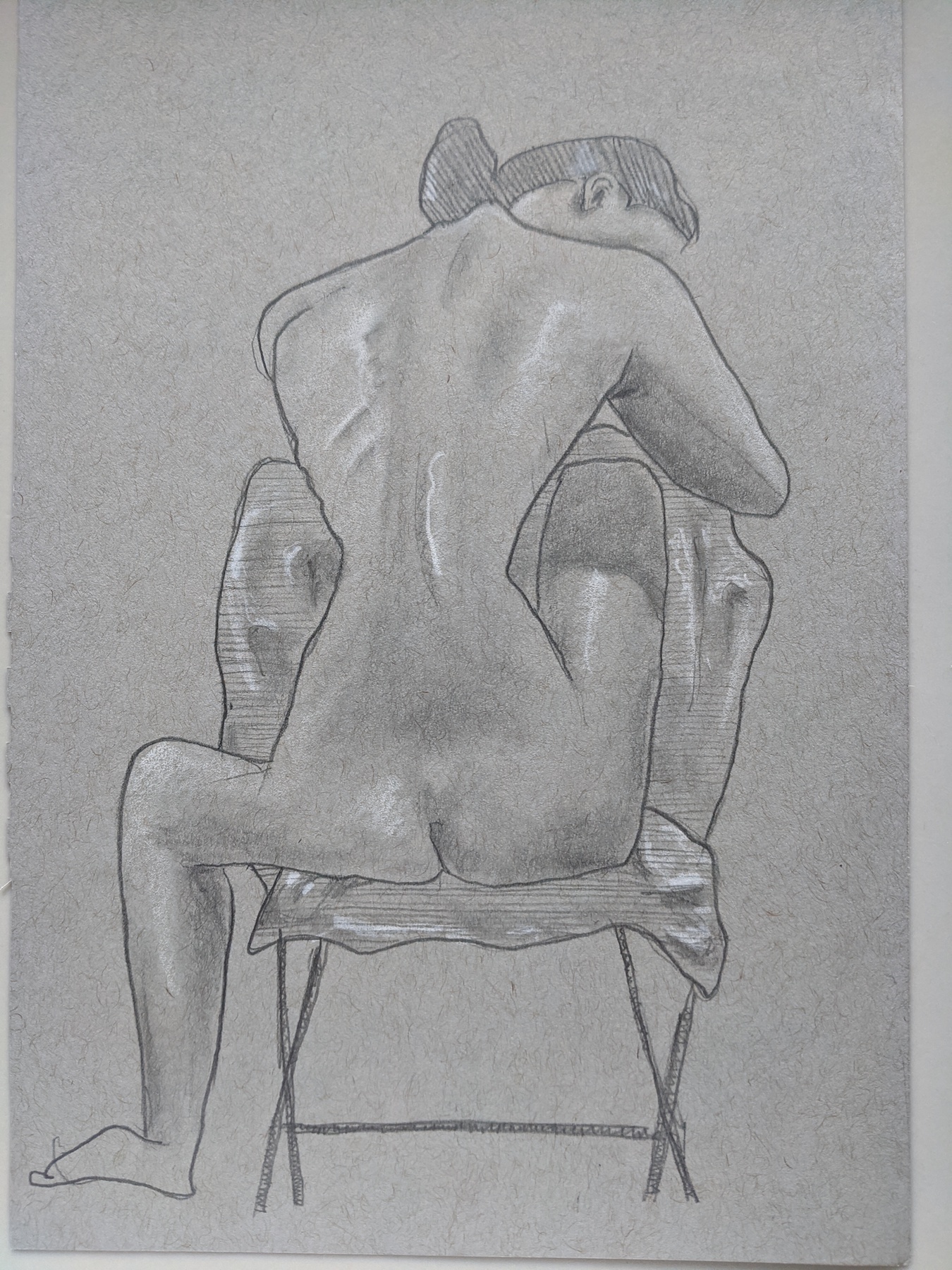 A cartoonishly skinny woman, sitting in a chair turned away from the viewer. Her body is drawn with smoothed shadows while her hair and chair with parallel lines.