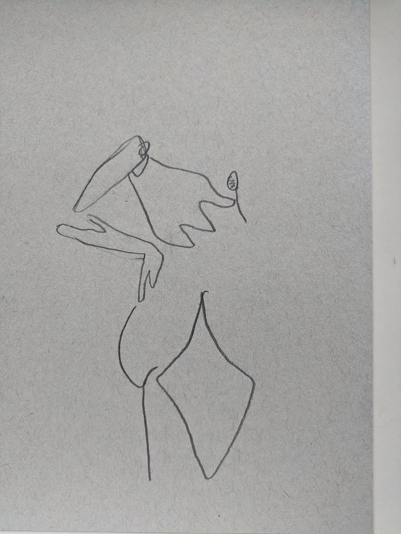 A person's hand propped up on their lower back. Drawn with a gestural lines.