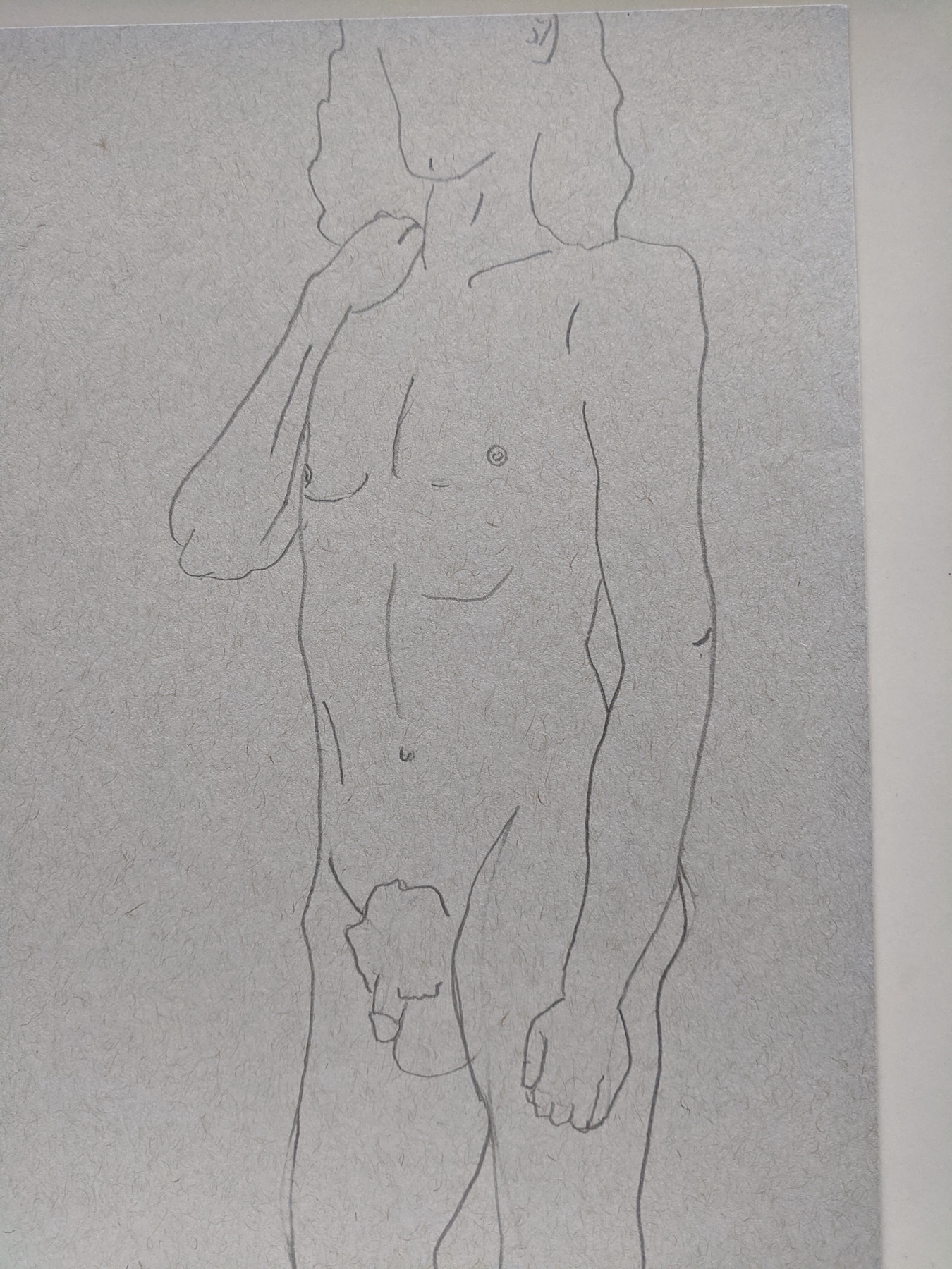 A man's full body, posed like Michaelangelo's David. Drawn with clean lines.