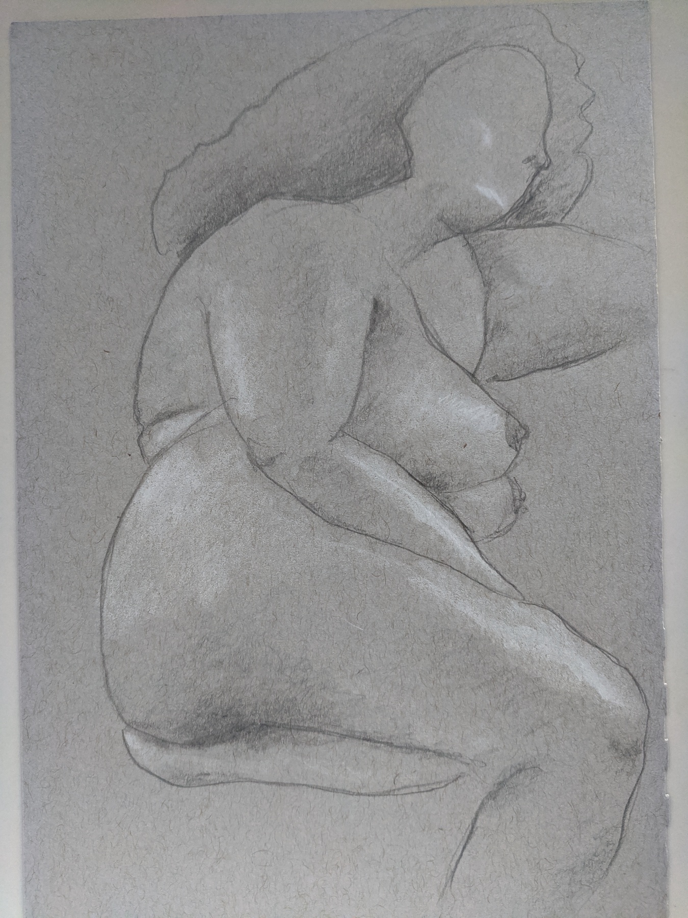 A woman and the wonderful folds of her skin. Her face is blank. Drawn with smoothed shadows.