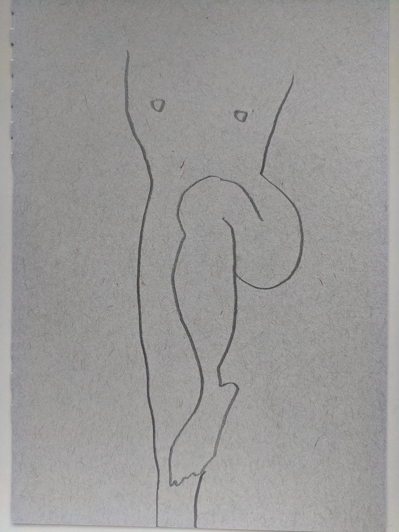 A person standing on one leg. 'I'm a flamingo!' their body says. Drawn with gestural lines.