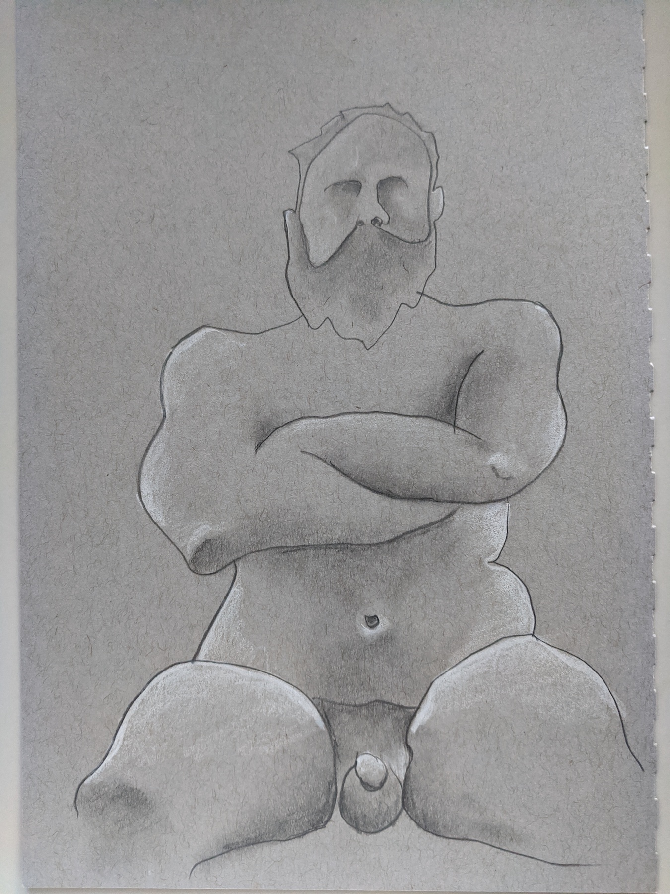 A big bearded boy sitting with his arms crossed. He has a chode and ghostly eyes. The shadows are mostly realistic but his arms kind of fuse together.