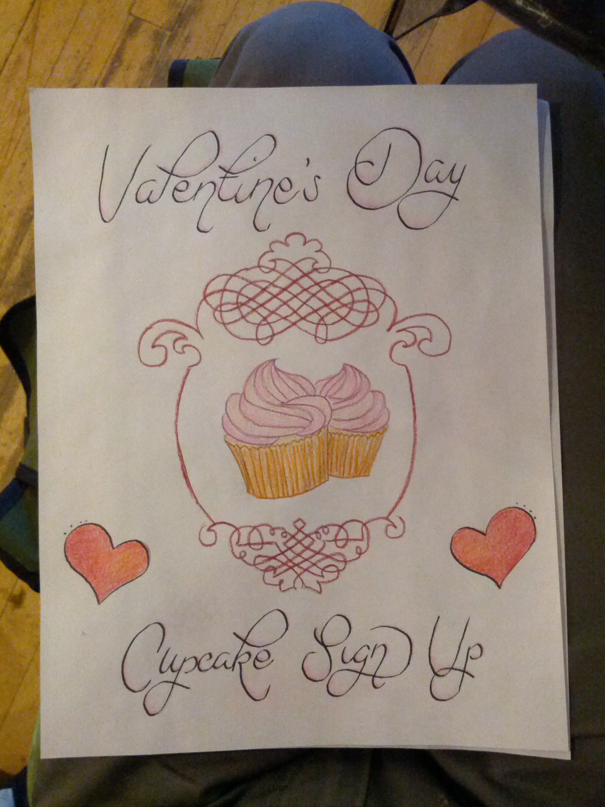 Valentine's Day cupcake sign up. (Including cupcake illustrations and some very fancy interlacing borders.)