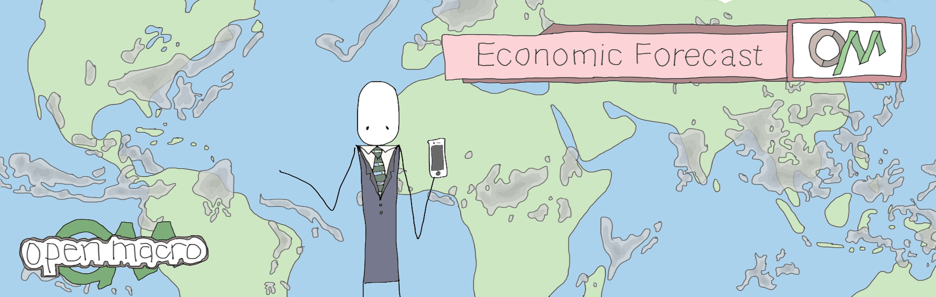 A forecaster stands in front of a weather map. The forecaster holds a phone as they describe Open Macro, the winner of the 2015 UChicago App Challenge which deals with economic forecasting.