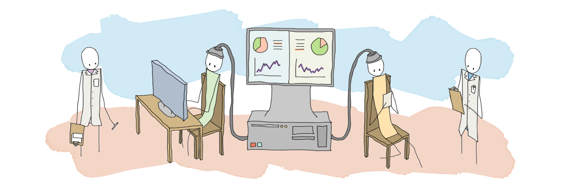 Researchers observe two subjects sitting in chairs, one working on a computer and the other on a phone. The subjects are hooked up to elaborate machines which produce fancy graphs revealing their inner thoughts.