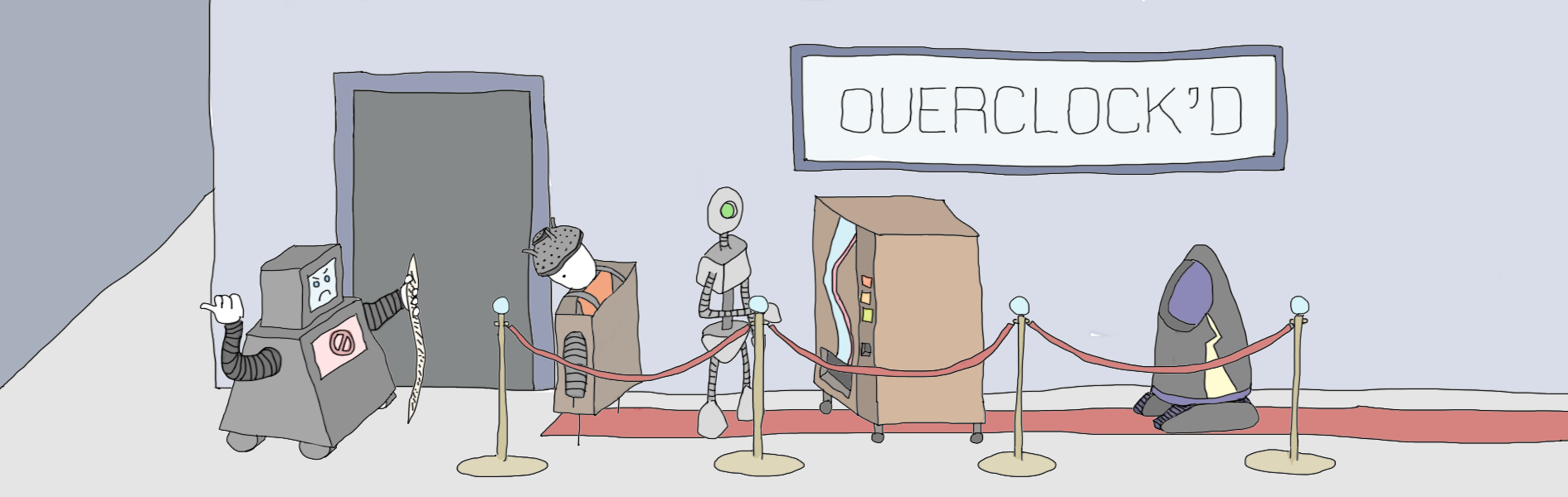 A human dressed in an unconvincing robot costume is turned away from a club called Overclock'd. The bouncer and the others in line are all robots of various models.