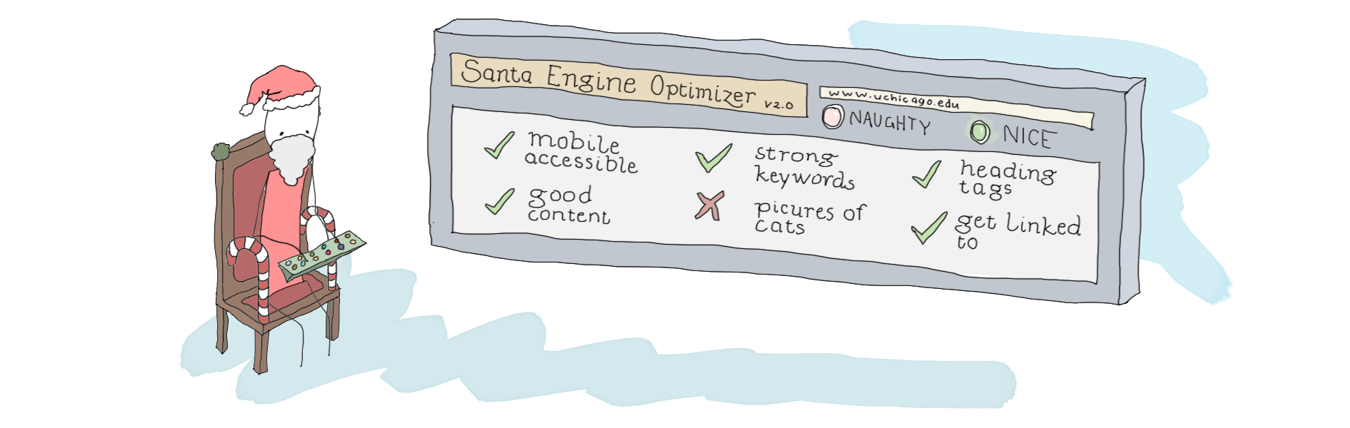 Santa sets in front of a high-tech machine used to determine if a website is naughty or nice using the Santa Engine Optimizer v2.0 guidelines.